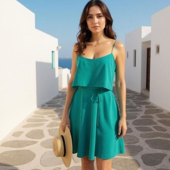 ANN TAYLOR SEA GREEN OVERLAY TOP CAREER CASUAL A LINE DRESS SIZE: 12P NWT $120 - Picture 2 of 8